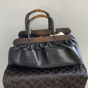 Vintage Black Gucci Leather Bag with Wood Handles